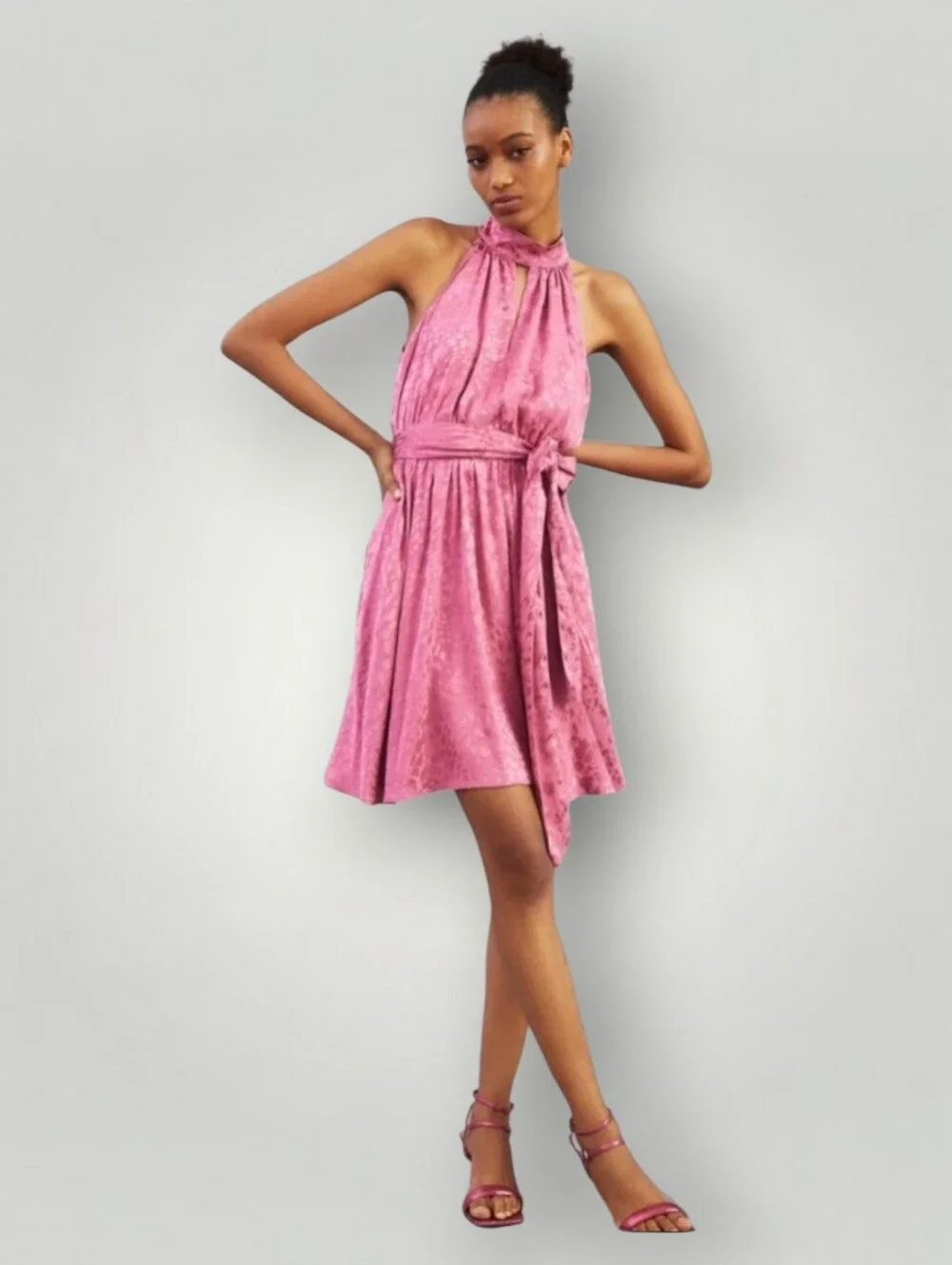 Anthropologie Pink Satin Jacquard Halter Mini Dress Tie Waist‎ Womens XS